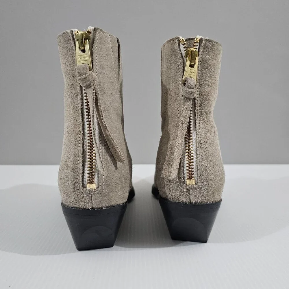 All Saints Lenora Goring Ankle Boot Women 7 Taupe Gray Suede Zip Up Low Heel NEW